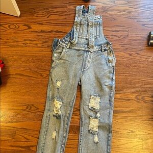 12th Tribe Blue Distressed Denim Overalls